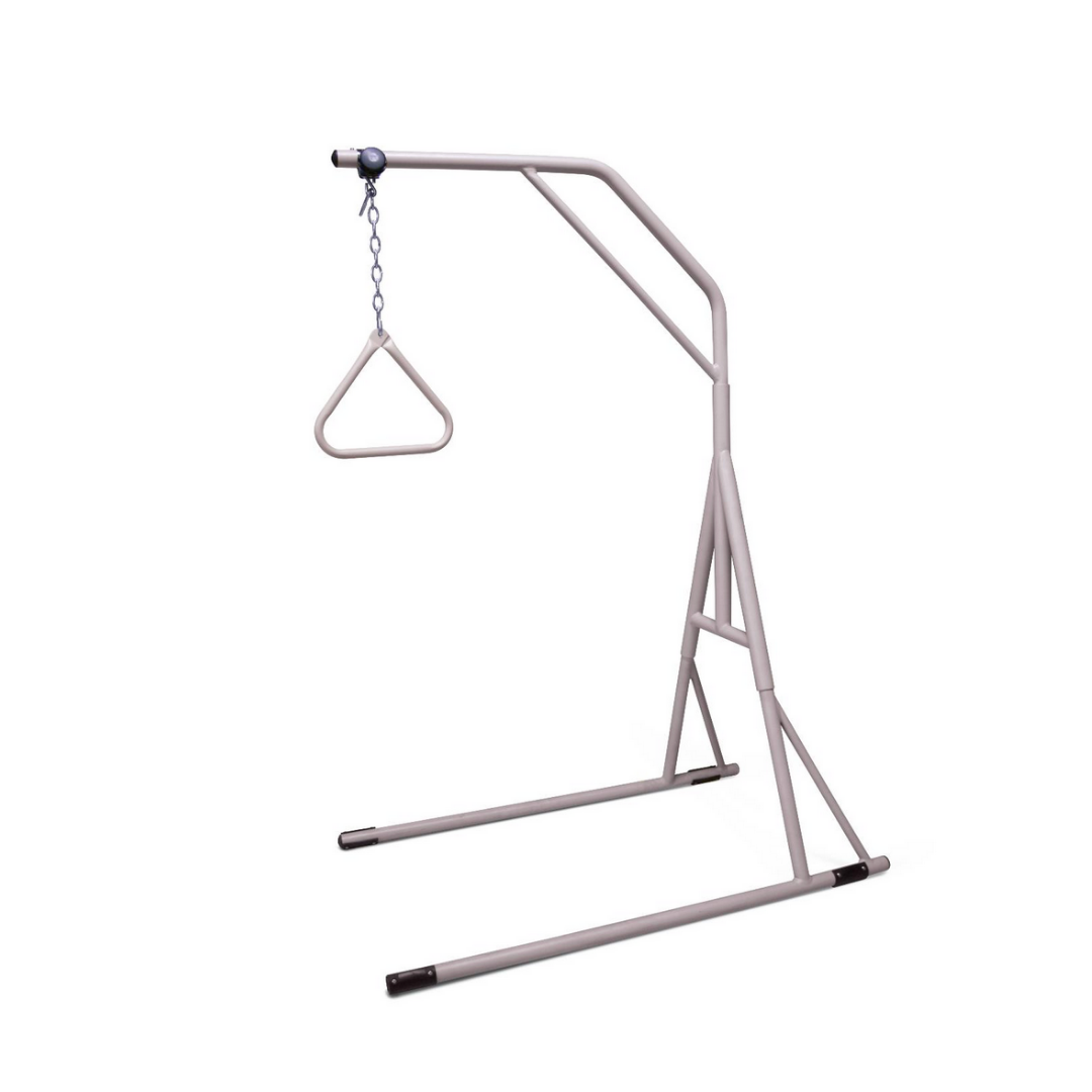 The Medline Lightweight Bariatric Trapeze features a sturdy metal frame and triangular handle, supporting up to 500 lbs, making it ideal for bariatric patient lift assistance and easy repositioning in bed.